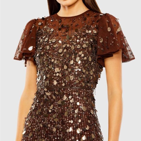 MAC DUGGAL 24018 Womens Brown  Flutter Sleeve Sheer Top Beaded Dress - Picture 4 of 14